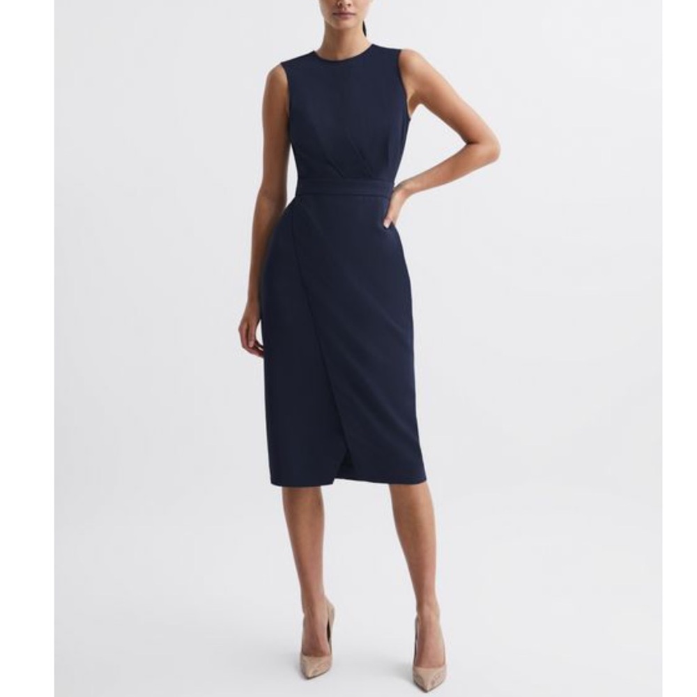 Reiss Layla Midi Dress 4 Women's Sleeveless In Navy Crew Neck Office Career